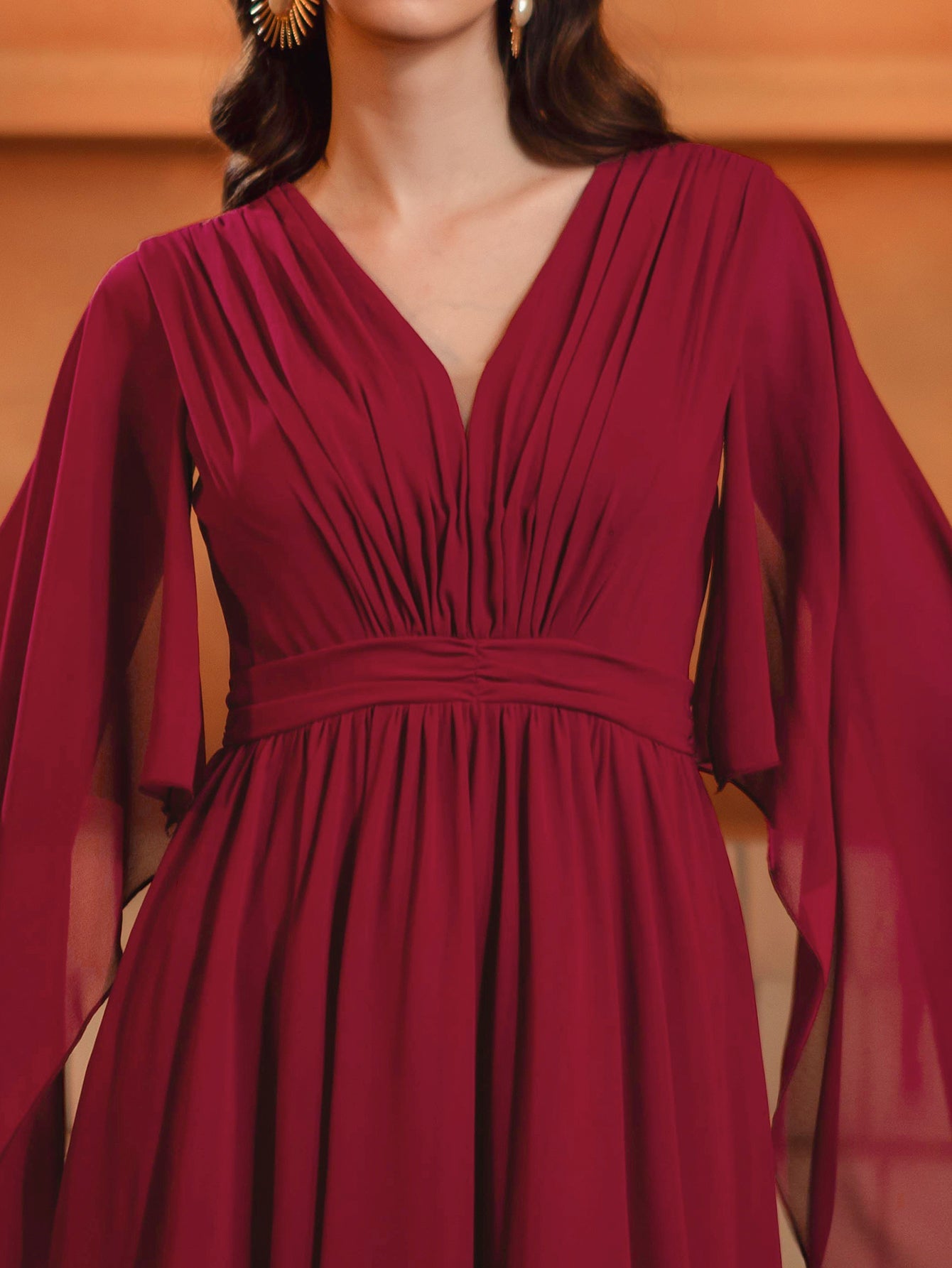 Wine Cape Sleeve V-neck Prom Dress