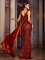 Elegant Drape Satin and Sequin Embellished Mermaid Evening Gown