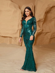Long Sleeve Graphic Sequin Prom Dress