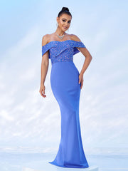 Off Shoulder Sequins Panel Black Evening Dress