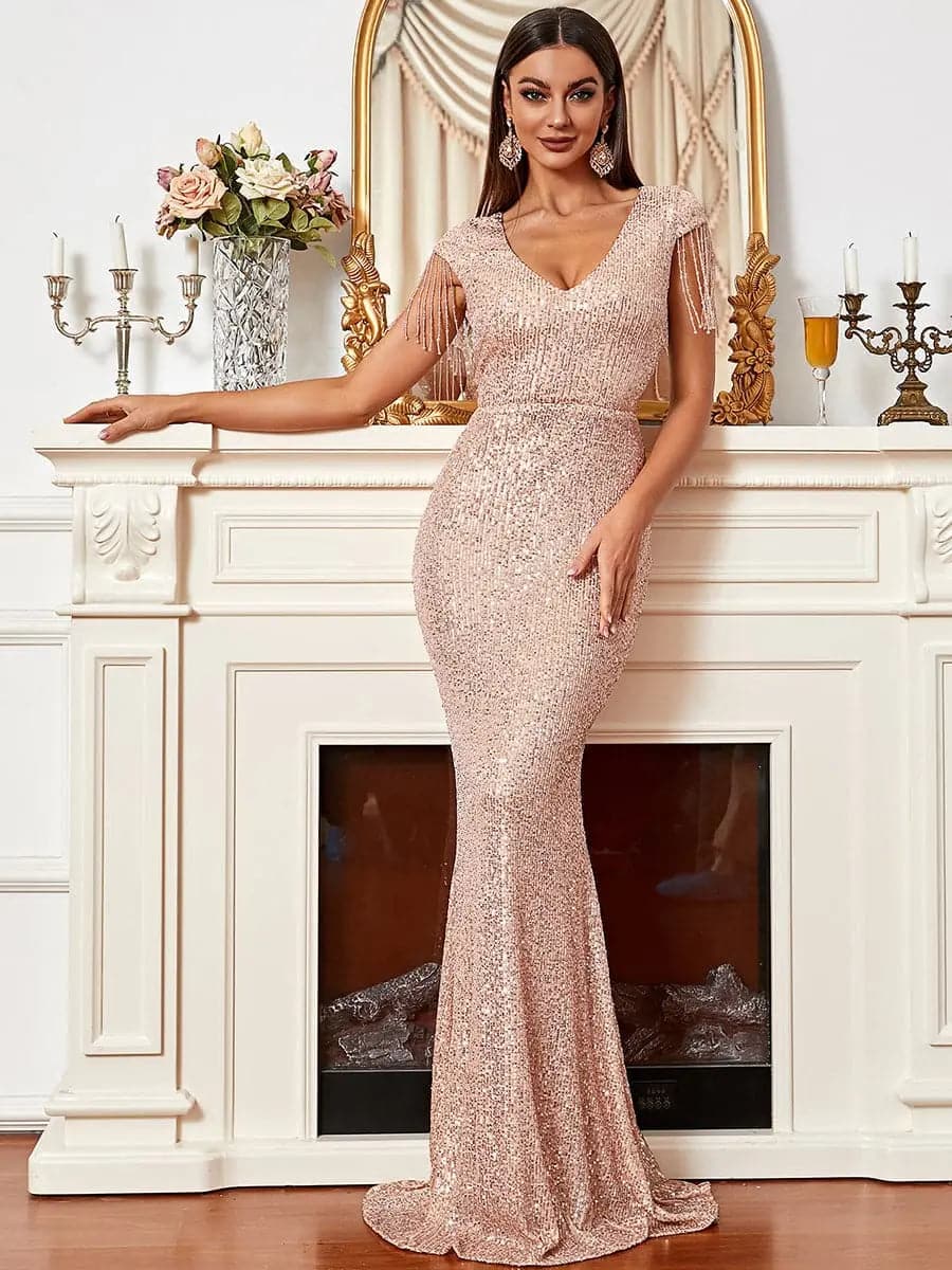 V Neck Cap Sleeve Sequin Floor Length Gold Evening Dress