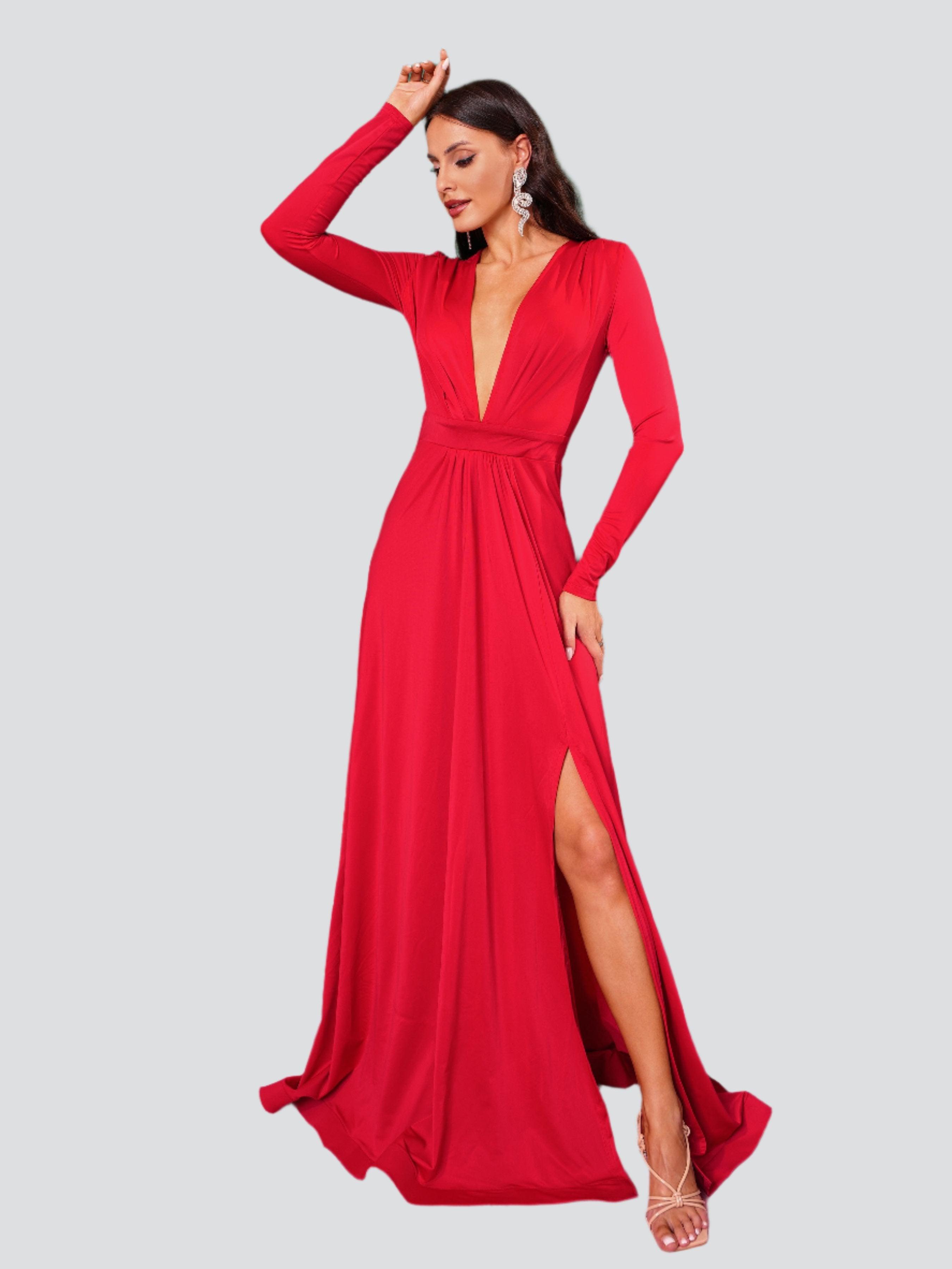 V-neck Long Sleeve Split Maxi Dress