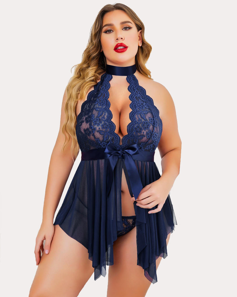 Plus Size FLace High Waist Teddy Babydoll