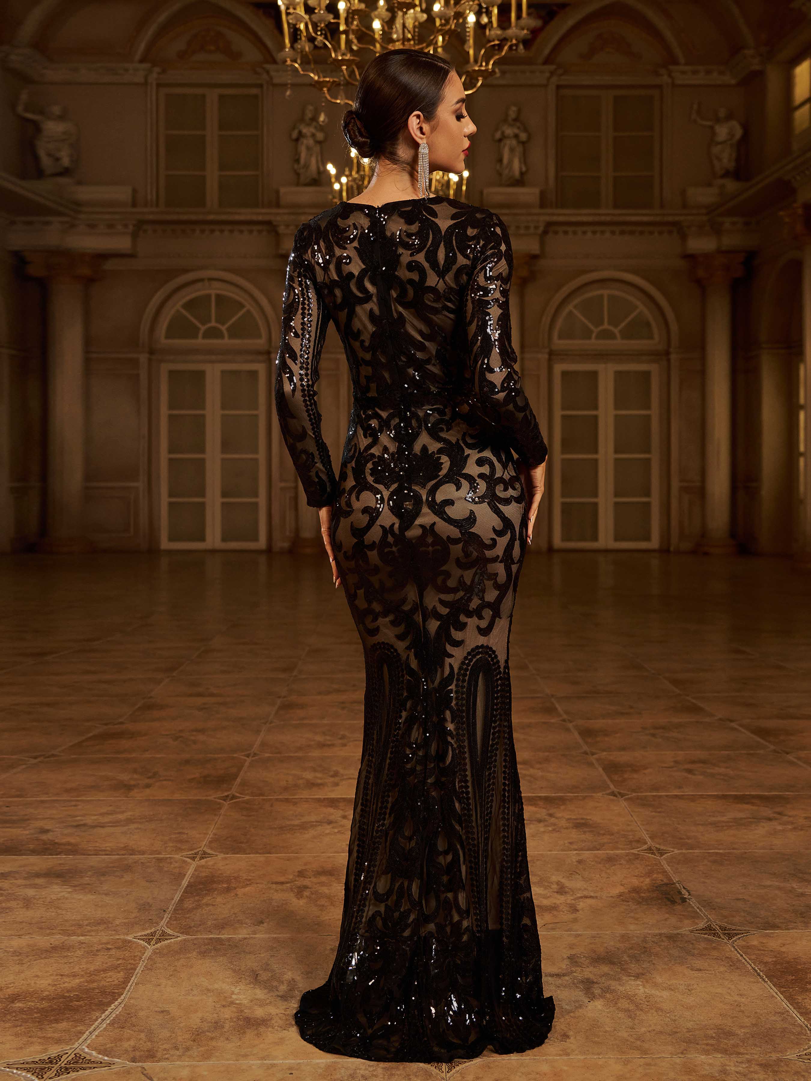 Long Sleeve Sequin Apricot Formal Dress