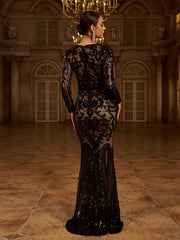 Long Sleeve Sequin Apricot Formal Dress