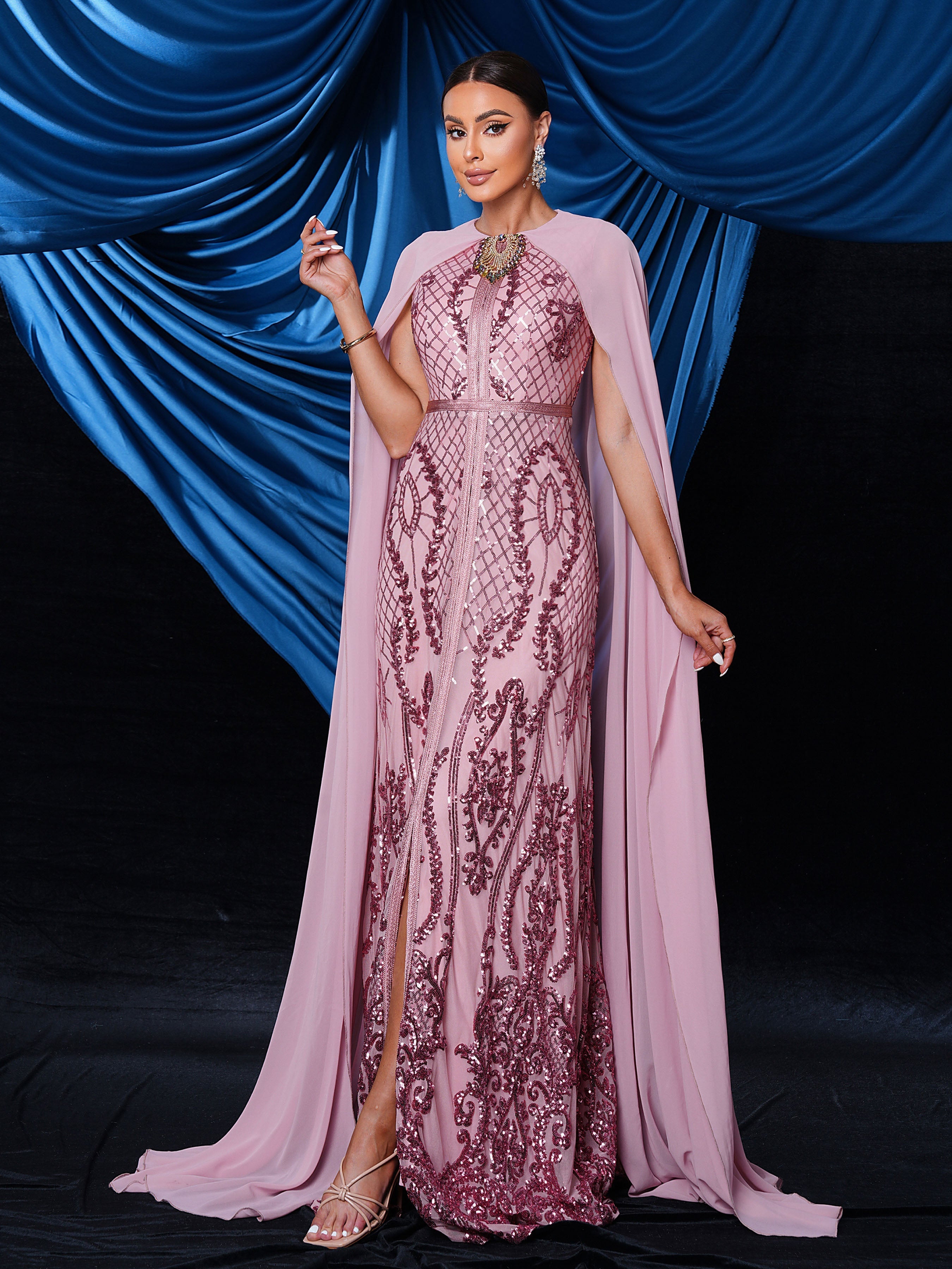 Metallic Embellished Collar Cape Sleeve Dress