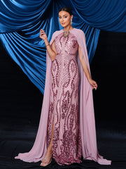 Metallic Embellished Collar Cape Sleeve Dress