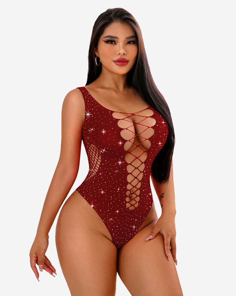 Mesh Fishnet Rhinestone Bodysuit