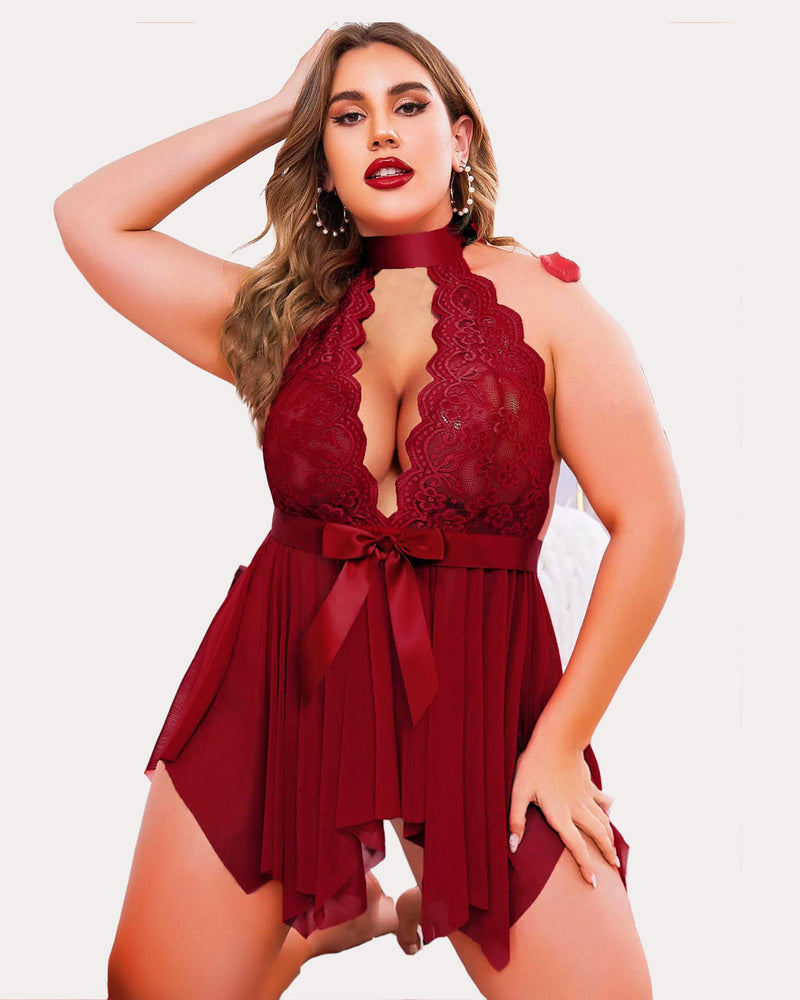 Plus Size FLace High Waist Teddy Babydoll