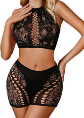 Fishnet Two Piece Crop Top and Shorts Set