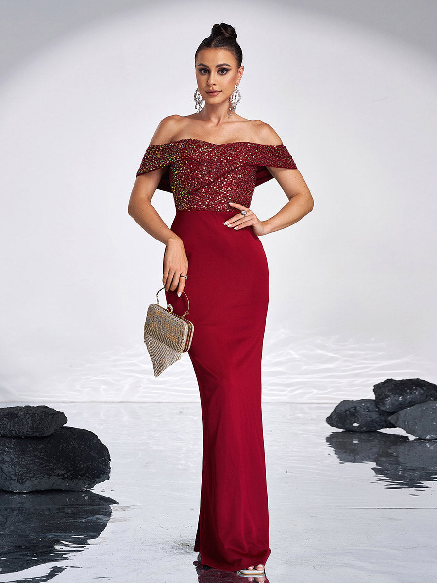 Off Shoulder Sequins Panel Black Evening Dress