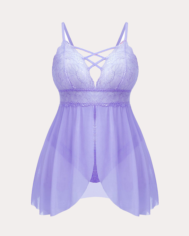 Plus Size Snap Crotch V Neck Lace Nighty