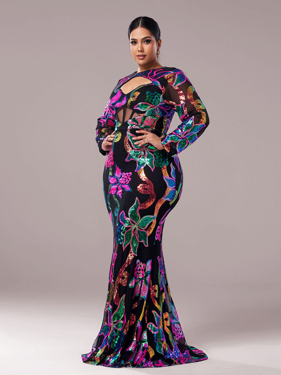 Long Sleeve Corset Cutout Floral Evening Dress