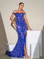 Sweetheart Split Blue Sequin Mermaid Dress