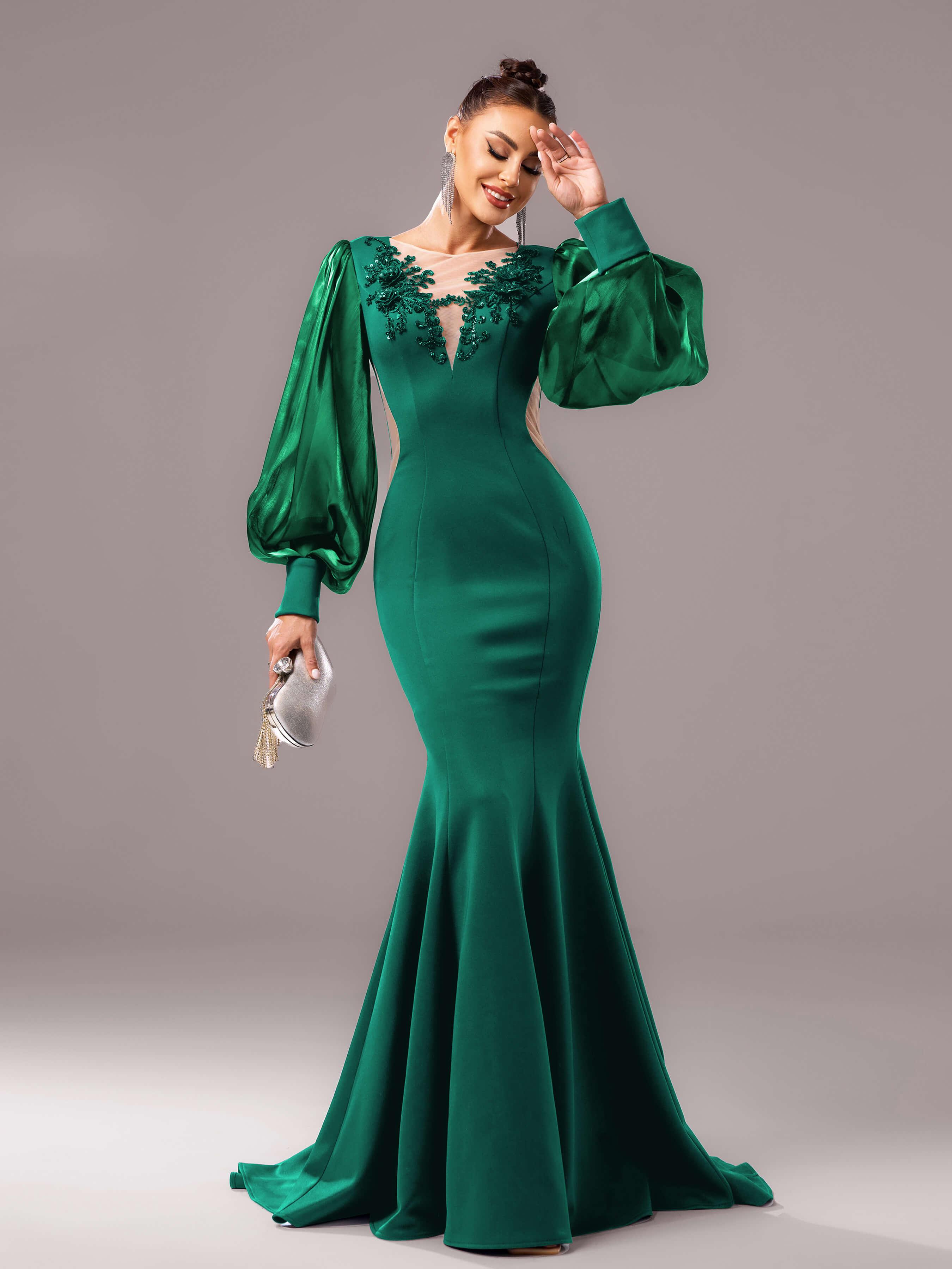 Black Embroidery Floor Length Puff Sleeve Dress