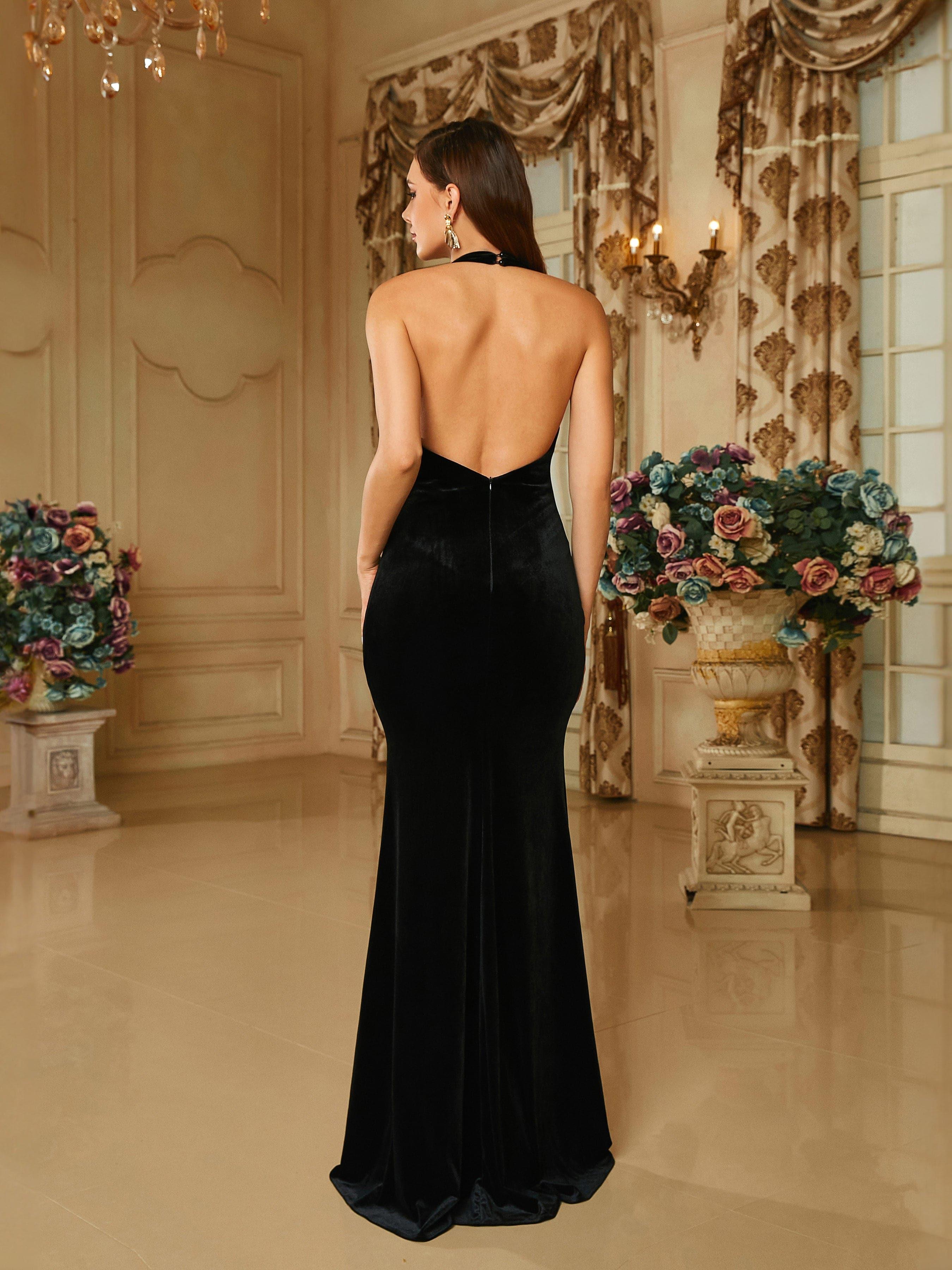 Deep V-Neck Halter Velvet Black Evening Dress