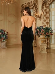 Deep V-Neck Halter Velvet Black Evening Dress