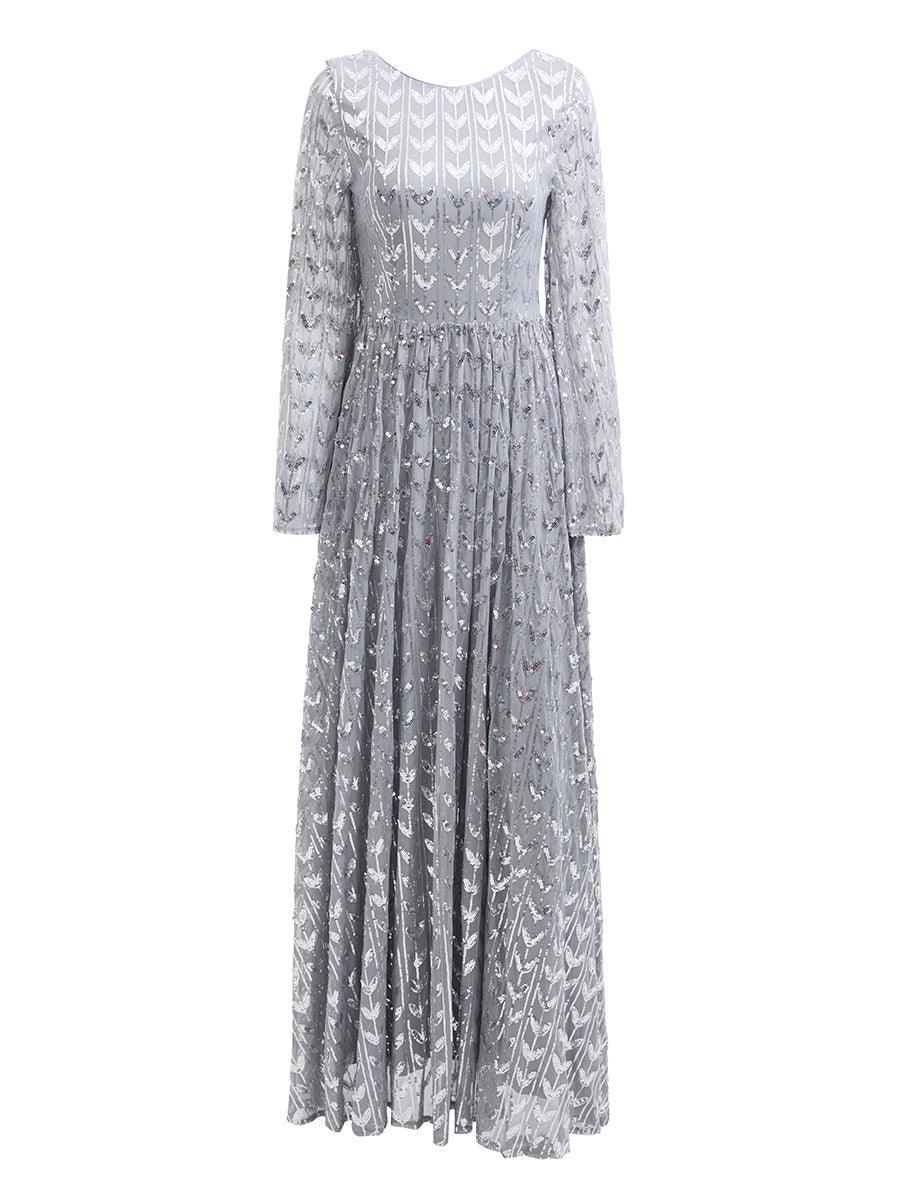 Bell Sleeve Backless Sequin Evening Dress