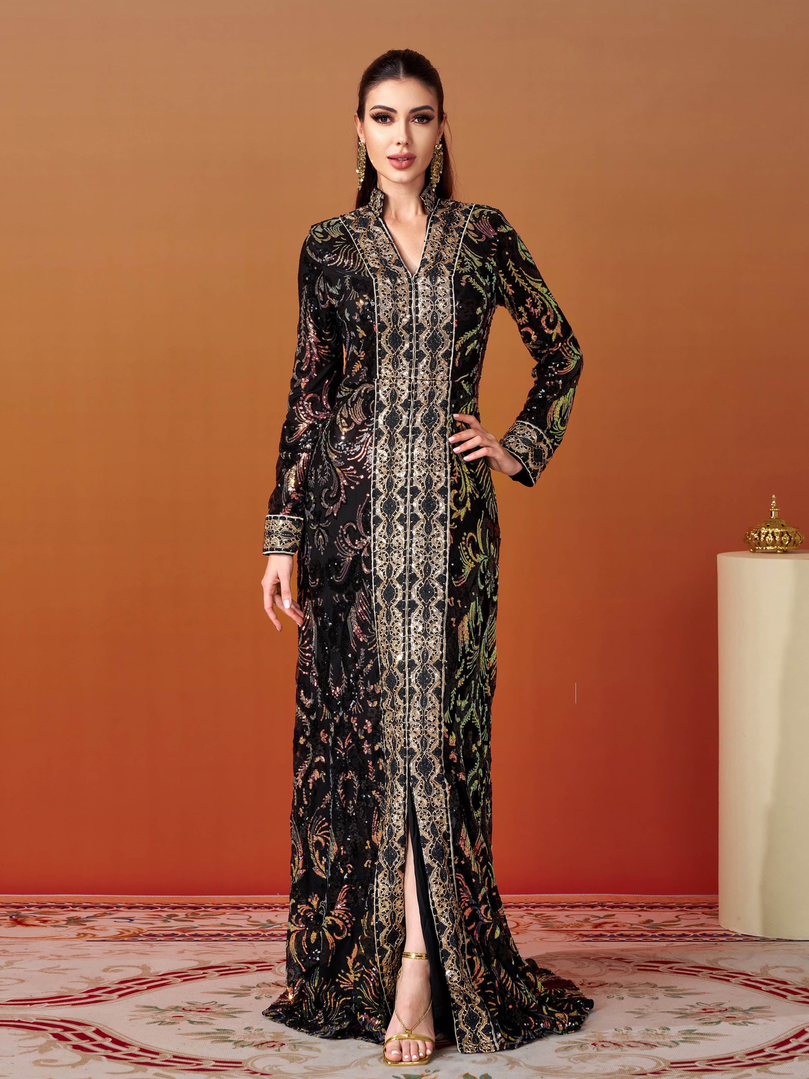 Vintage Sequin Split Black Maxi Dress