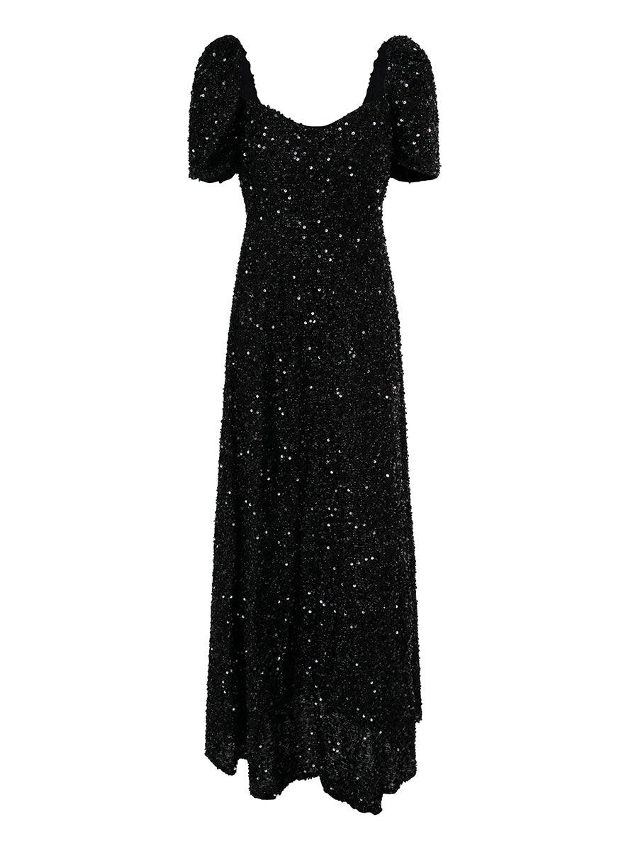 Light Yellow Puff Sleeve Sequin Maxi Dress