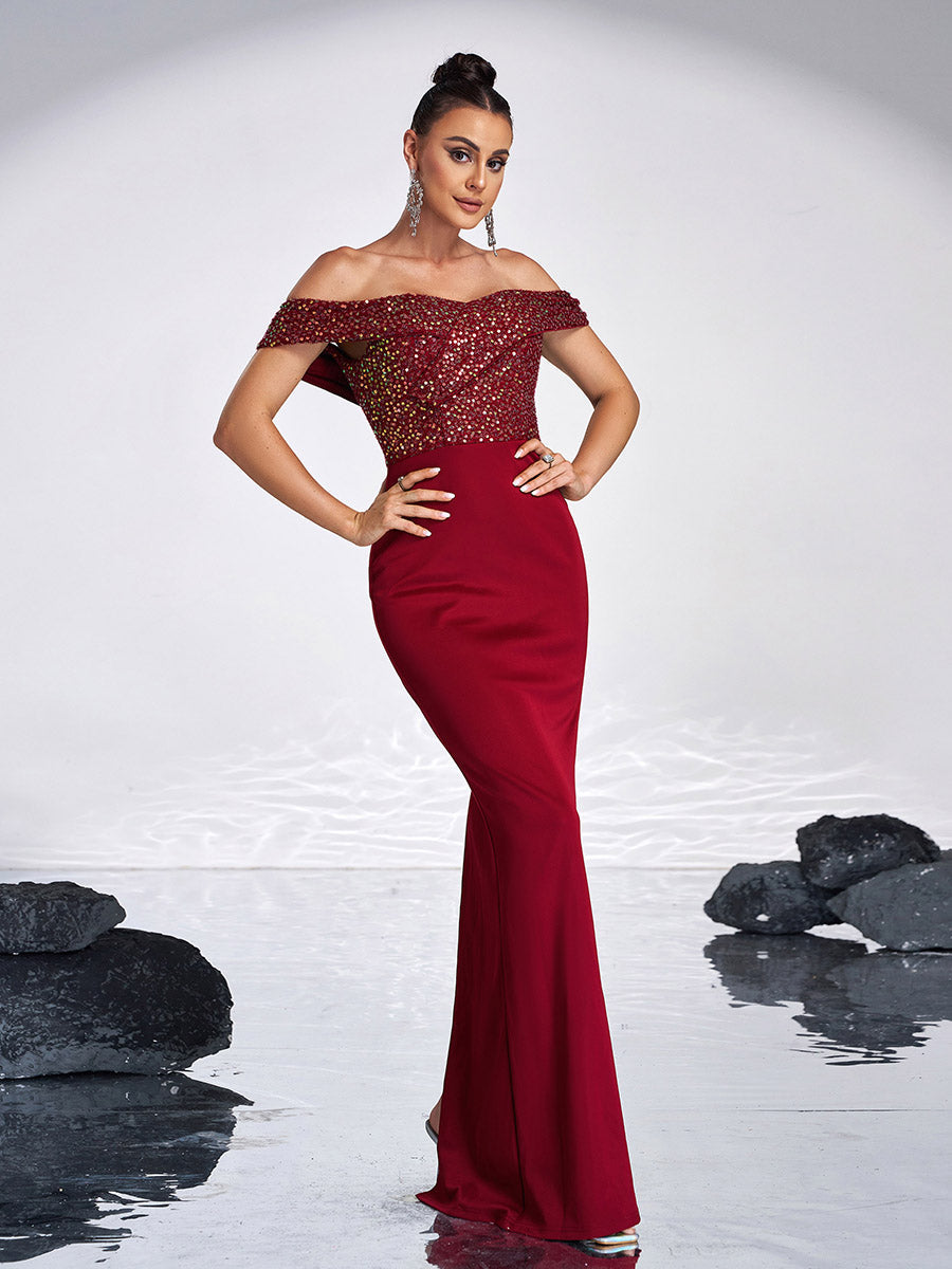 Off Shoulder Sequins Panel Black Evening Dress