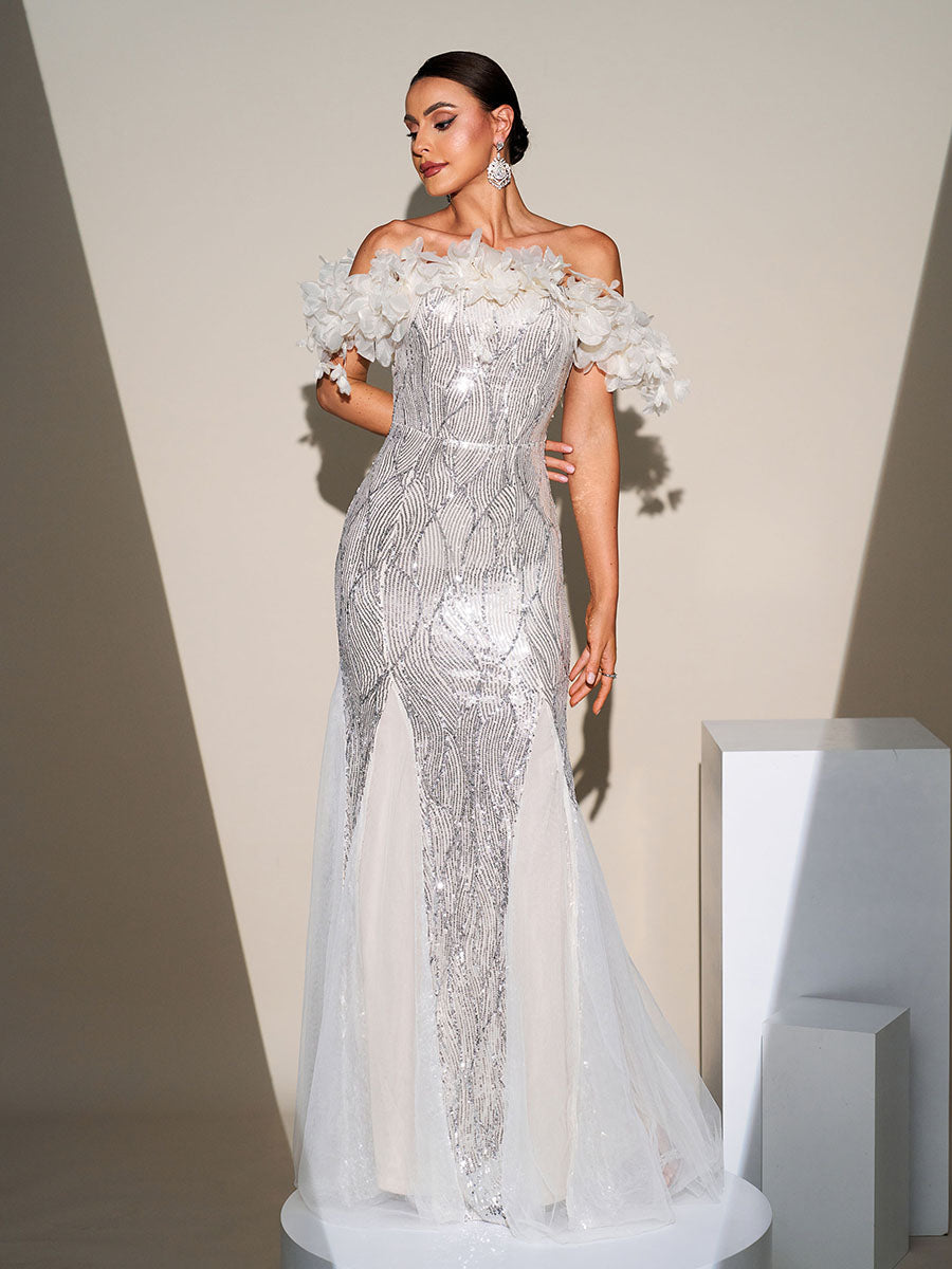 Off Shoulder Appliqued Sequin Mermaid Dress