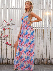 Deep V Neck Floral Vacation Dress