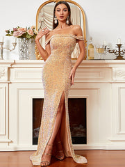 Off Shoulder High Split Prom Dress