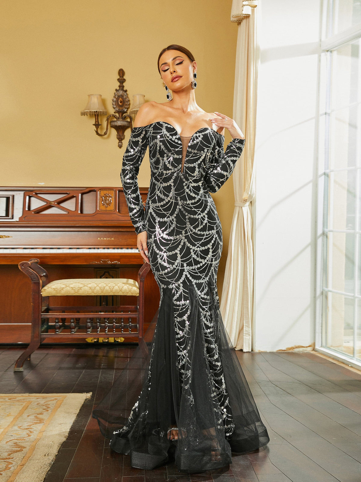 Off Shoulder Long Sleeve Mermaid Hem Sequin Wedding Dress