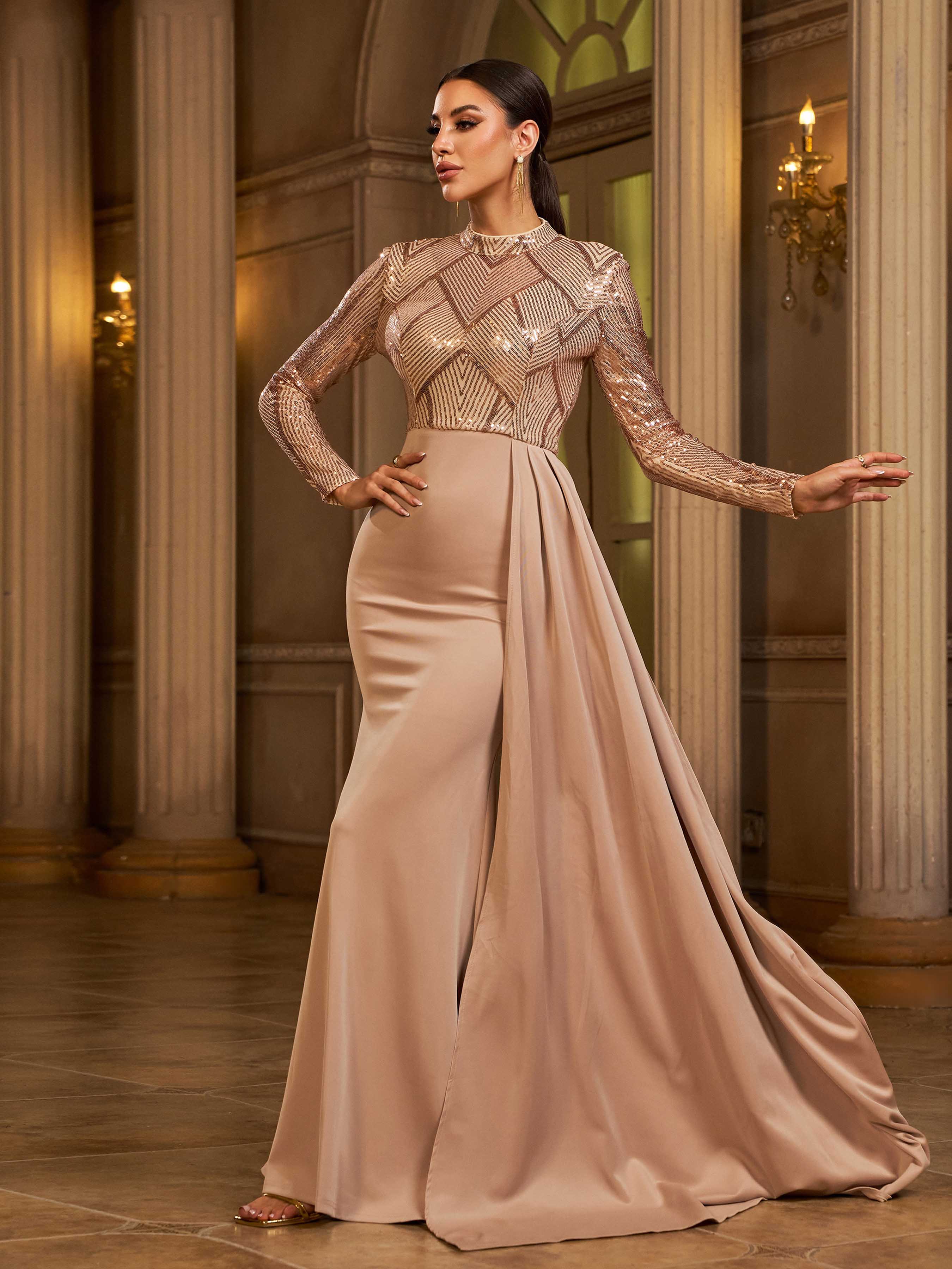 Draping Long Sleeve Sequin Formal Dress