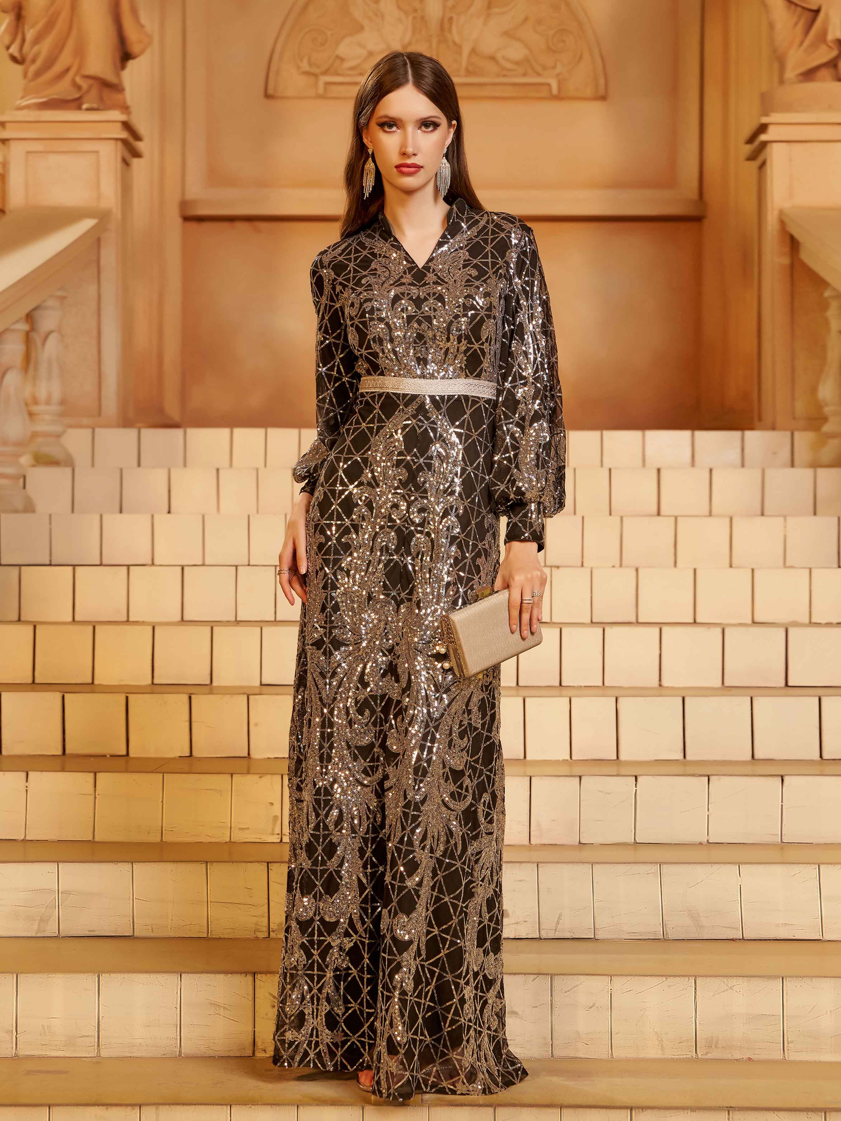 Black Sequin V-neck Cutout Tribal Abayas