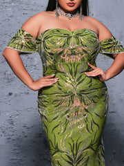 Plus Off Shoulder Florid Mermaid Sequin Dress
