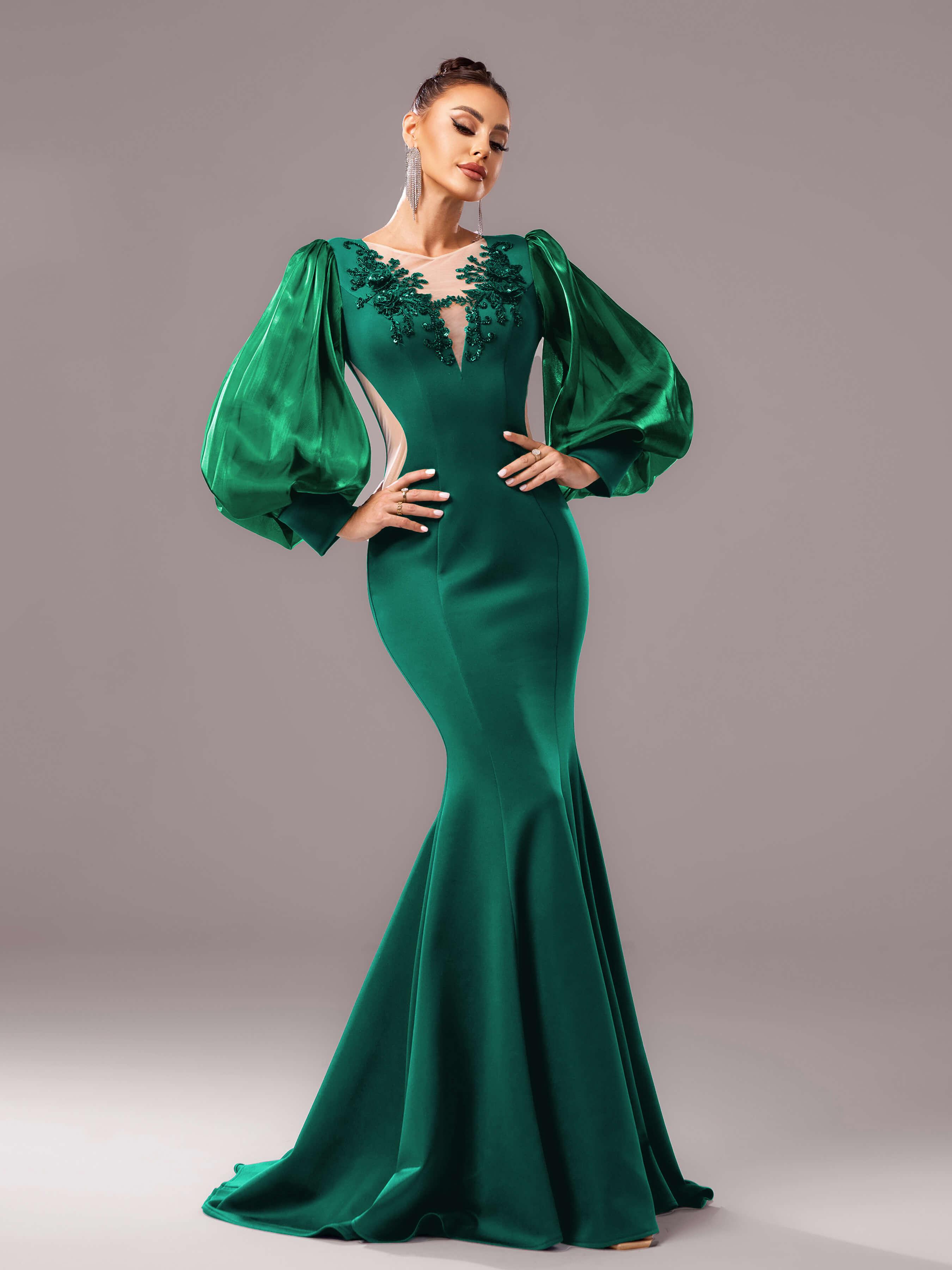 Black Embroidery Floor Length Puff Sleeve Dress