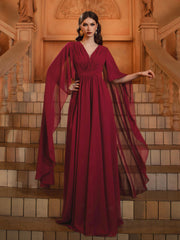 Wine Cape Sleeve V-neck Prom Dress