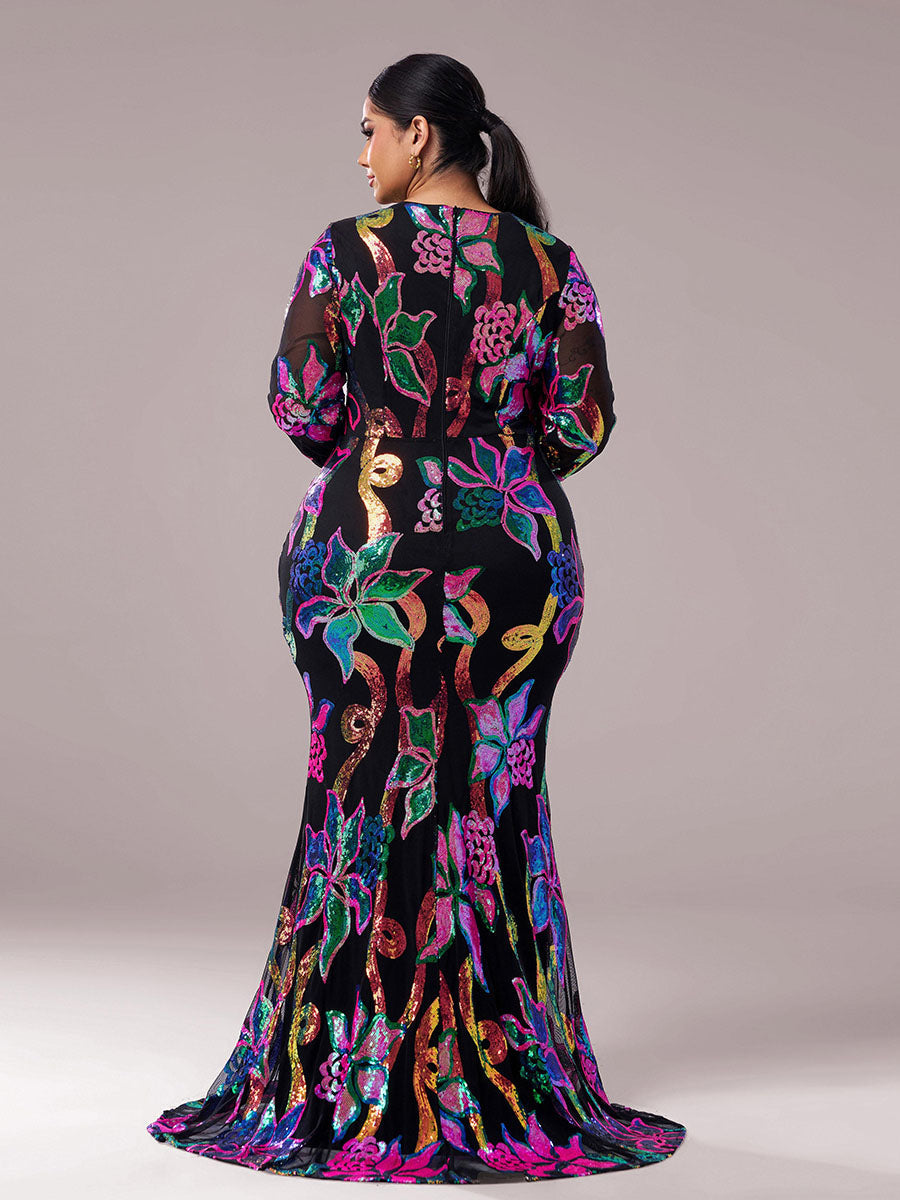 Long Sleeve Corset Cutout Floral Evening Dress