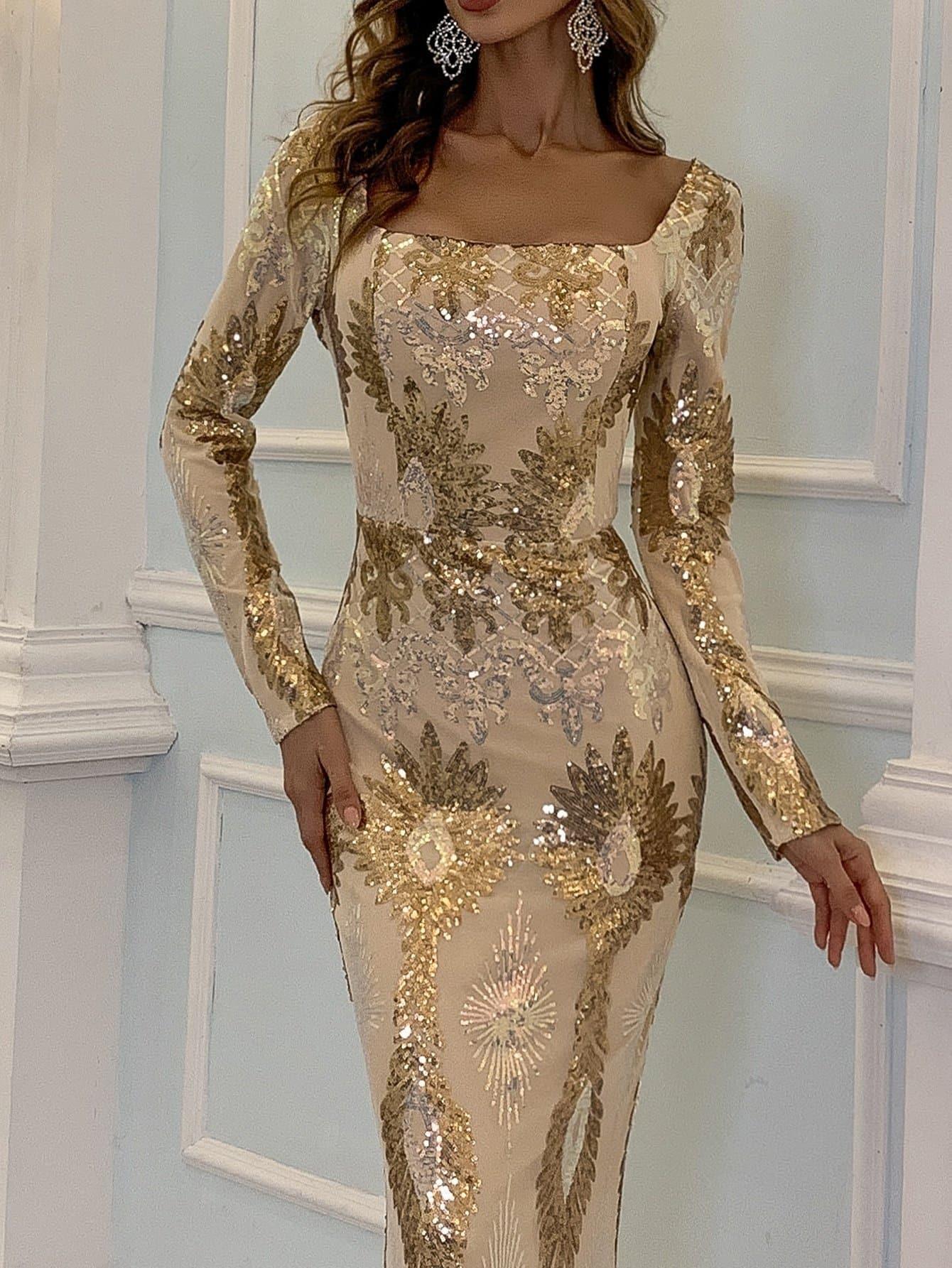 Square Neck Geo Sequin Golden Dress