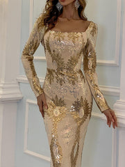 Square Neck Geo Sequin Golden Dress