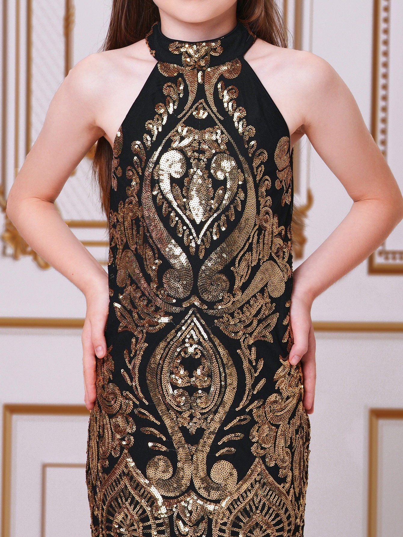 Halterneck Damask Sequin Bodycon Mini Dress
