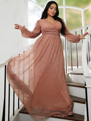 Plus Size Backless V Neck Tulle Maxi Dress