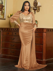 Plus Size Ribbon Lantern Sleeve Velvet Gold Evening Dress
