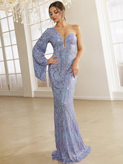 Sweetheart One Shoulder Off Purple Sequin Prom Dress