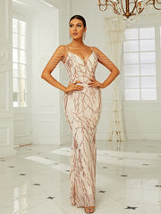 Elegant V-Neck Beads Chain Sequin Mermaid Formal Dress