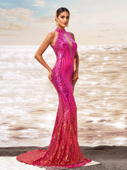 Pink Mermaid Sequin Floor Length Deep V Dress