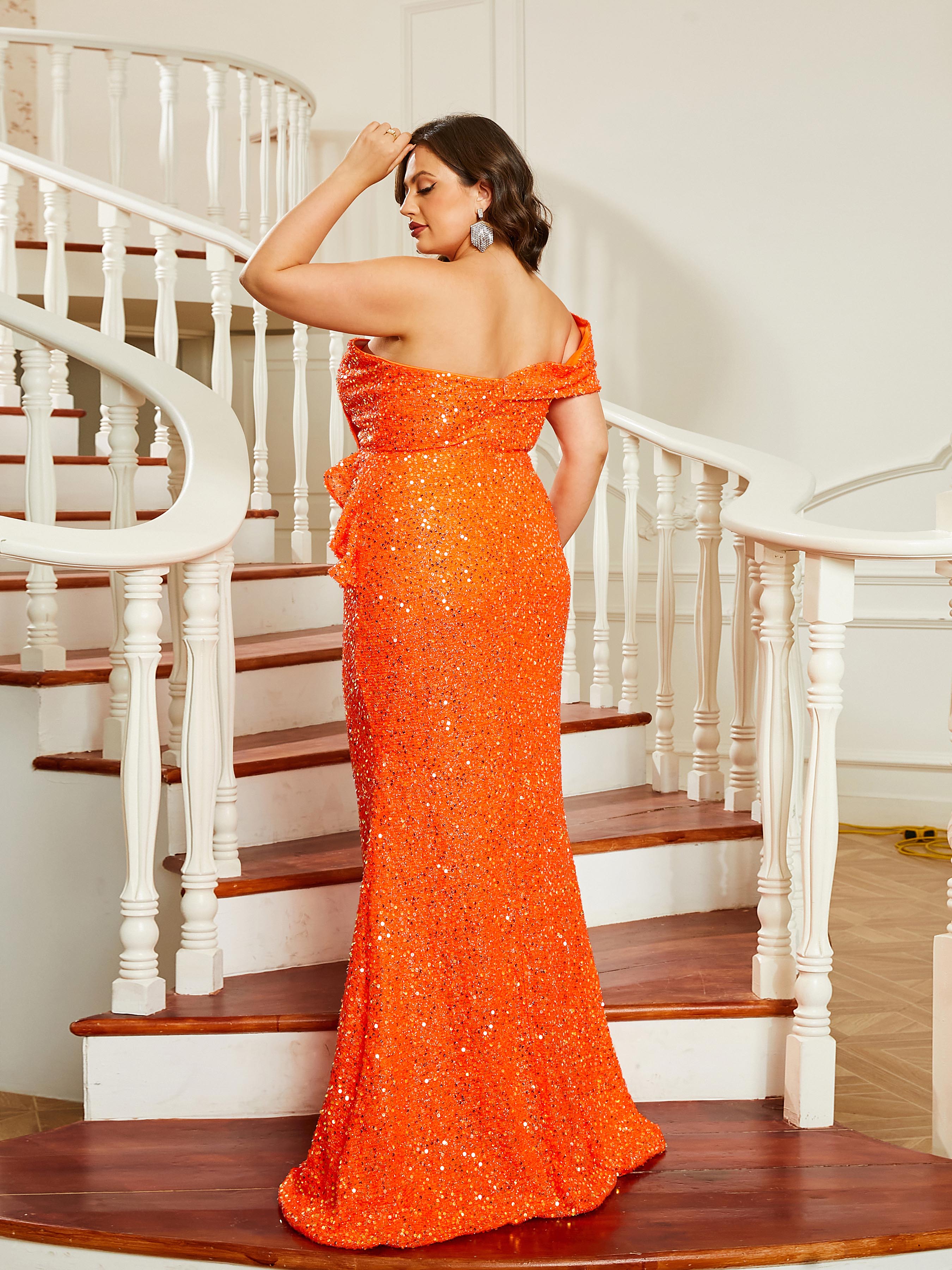 Plus Off Shoulder Mermaid Strapless Sequin Dress PWY46