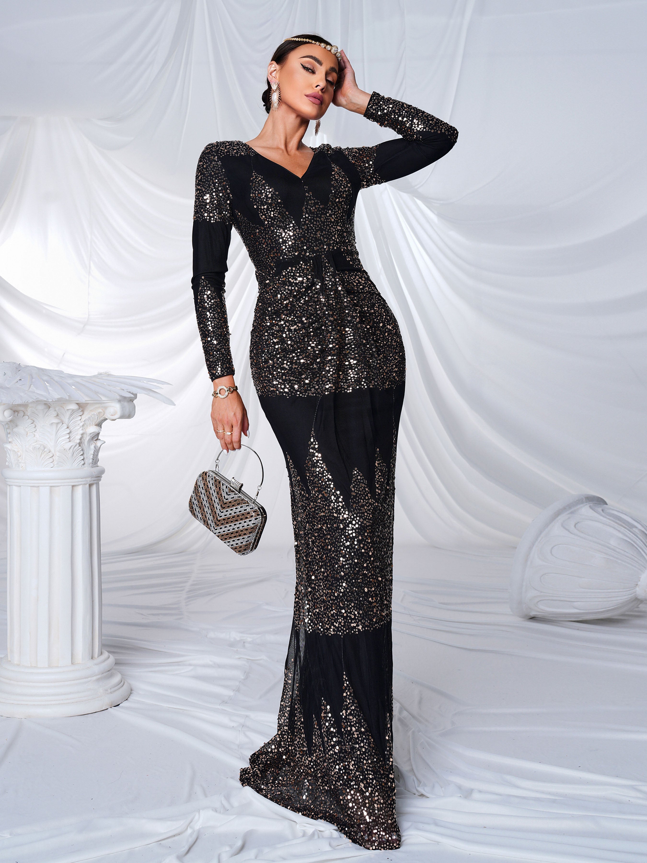 V-neck Long Sleeve Sequin Maxi Dress