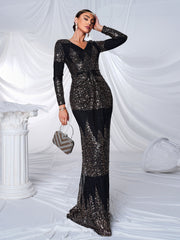 V-neck Long Sleeve Sequin Maxi Dress