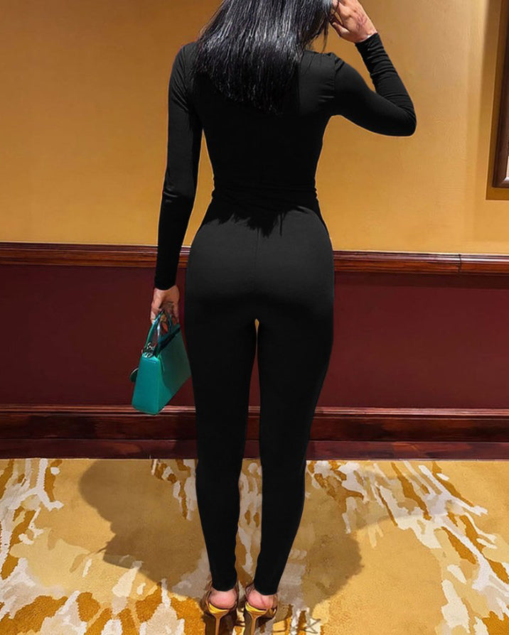 Draped Neck Slimming Long-Sleeved Jumpsuit