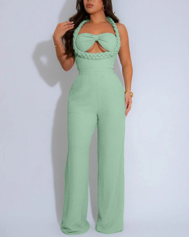 Braided Style Slip Sleeveless Loose Straight Jumpsuit