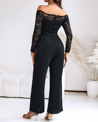 Lace-Paneled Off-the-Shoulder Long-Sleeved Bodycon Jumpsuit