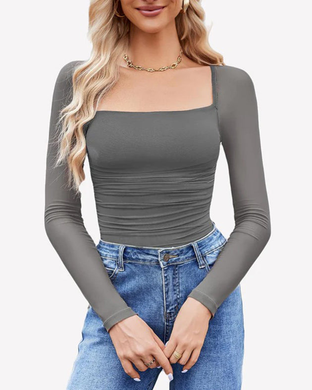 Square Neck Ruched Mesh Long Sleeve Shaping Bodysuit
